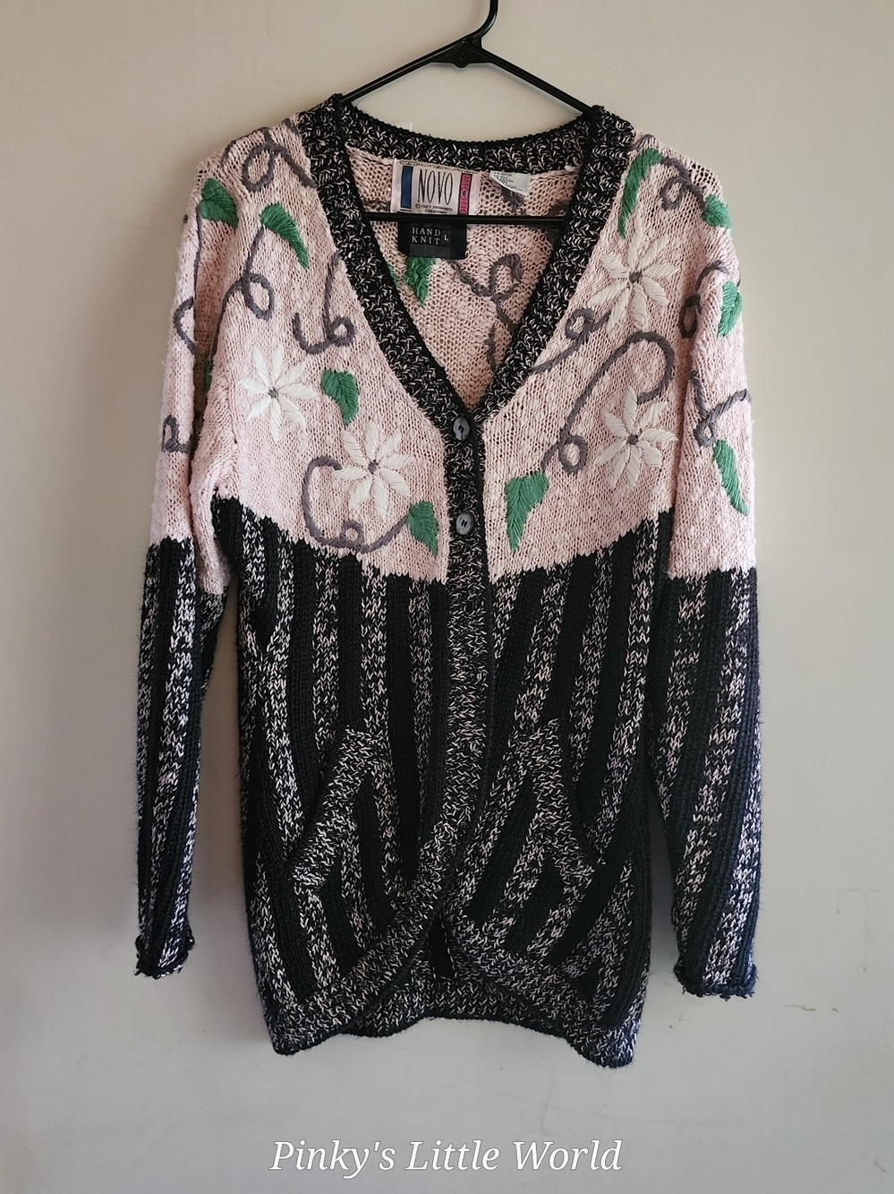 NOVO Promark Creations Pink Black & Green Floral V-Neck Cardigan Hand Knit Sz L